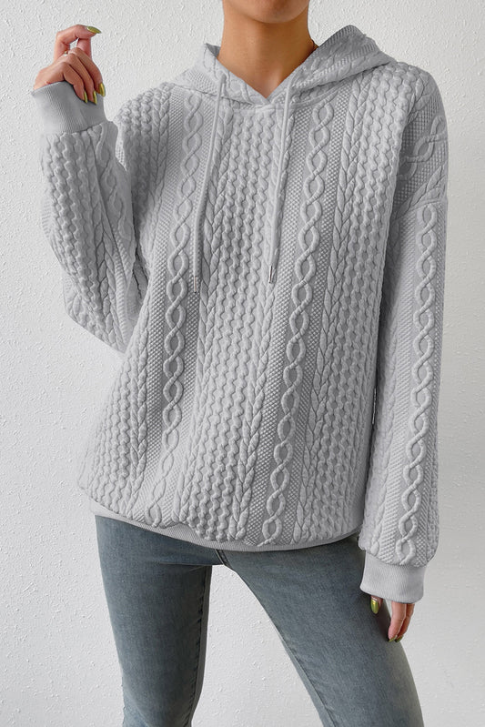 Gray Cable Textured Casual Drawstring Hoodie Pre Order Sweatshirts & Hoodies JT's Designer Fashion
