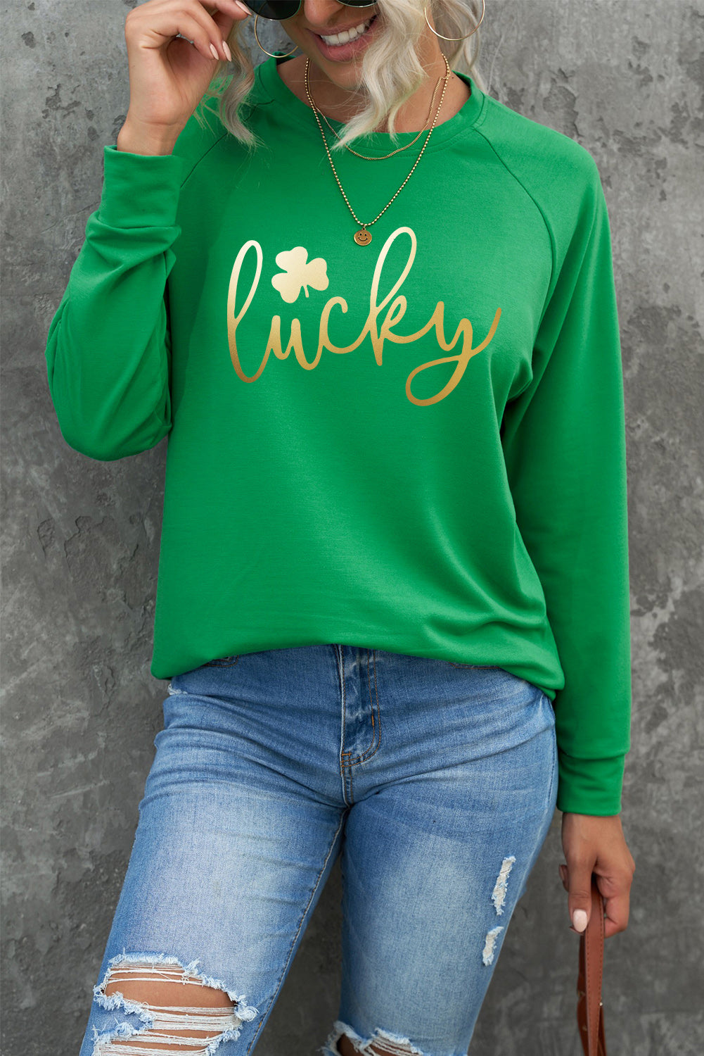 Green Lucky Glitter Graphic Raglan Sleeve Pullover Sweatshirt Graphic Sweatshirts JT's Designer Fashion