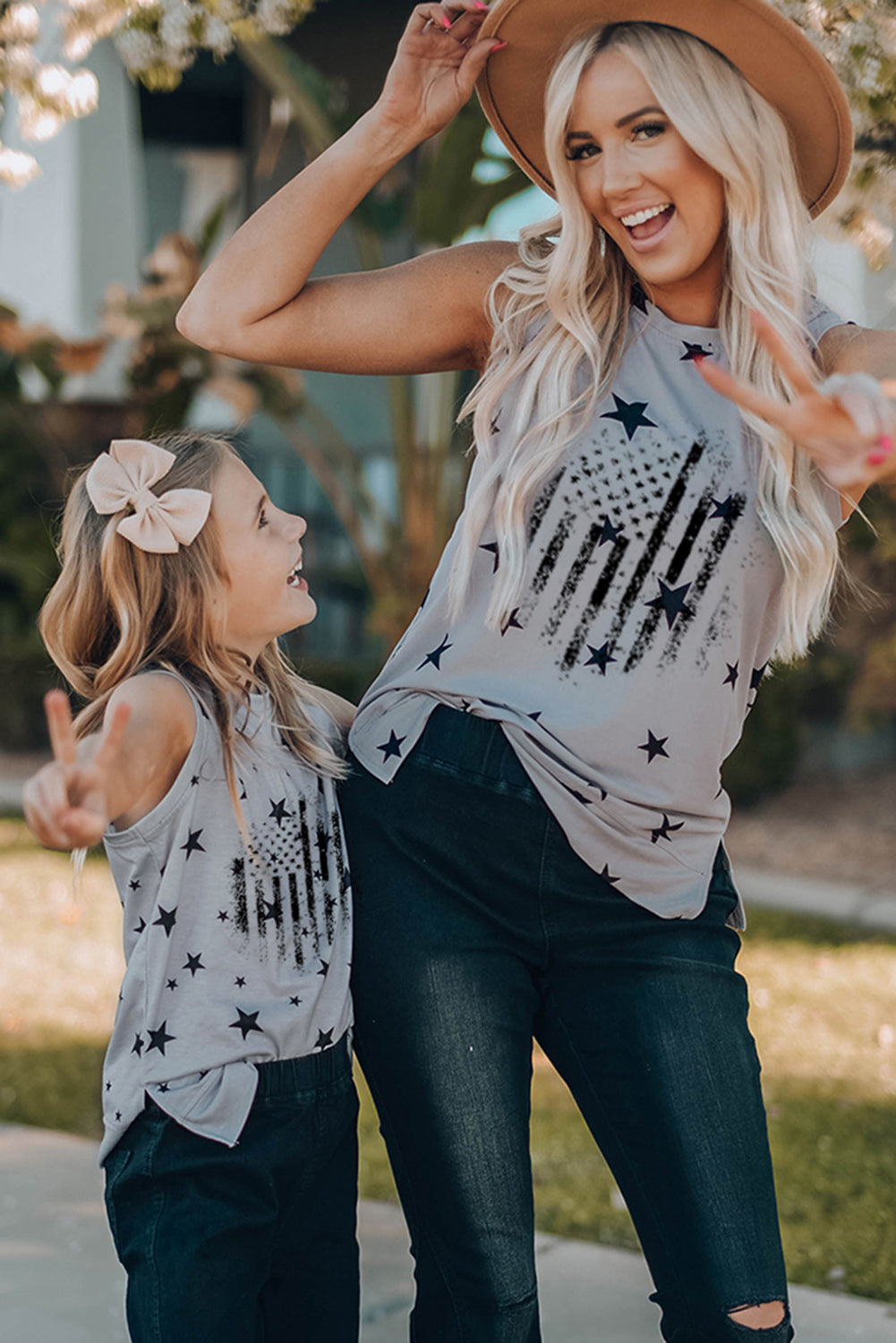 Gray Family Matching American Flag Printed Crew Neck Tank Top Family T-shirts JT's Designer Fashion