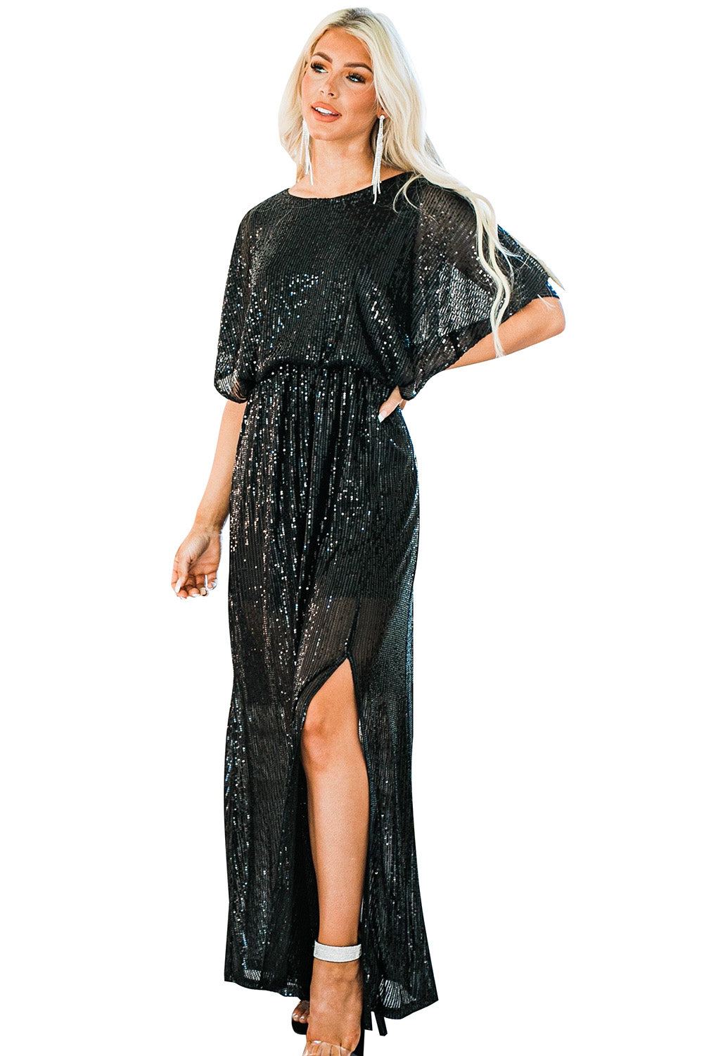 Black Side Slit Crew Neck Sequin Maxi Dress Sequin Dresses JT's Designer Fashion