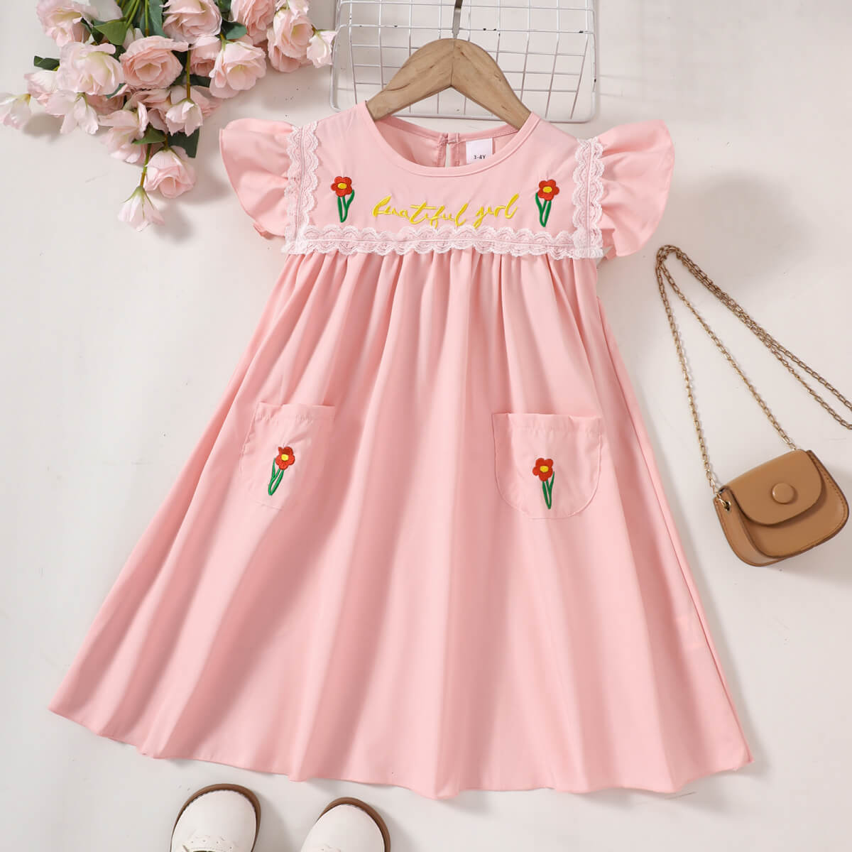 Girls Embroidered Lace Trim Round Neck Dress Peach Girls Dresses JT's Designer Fashion