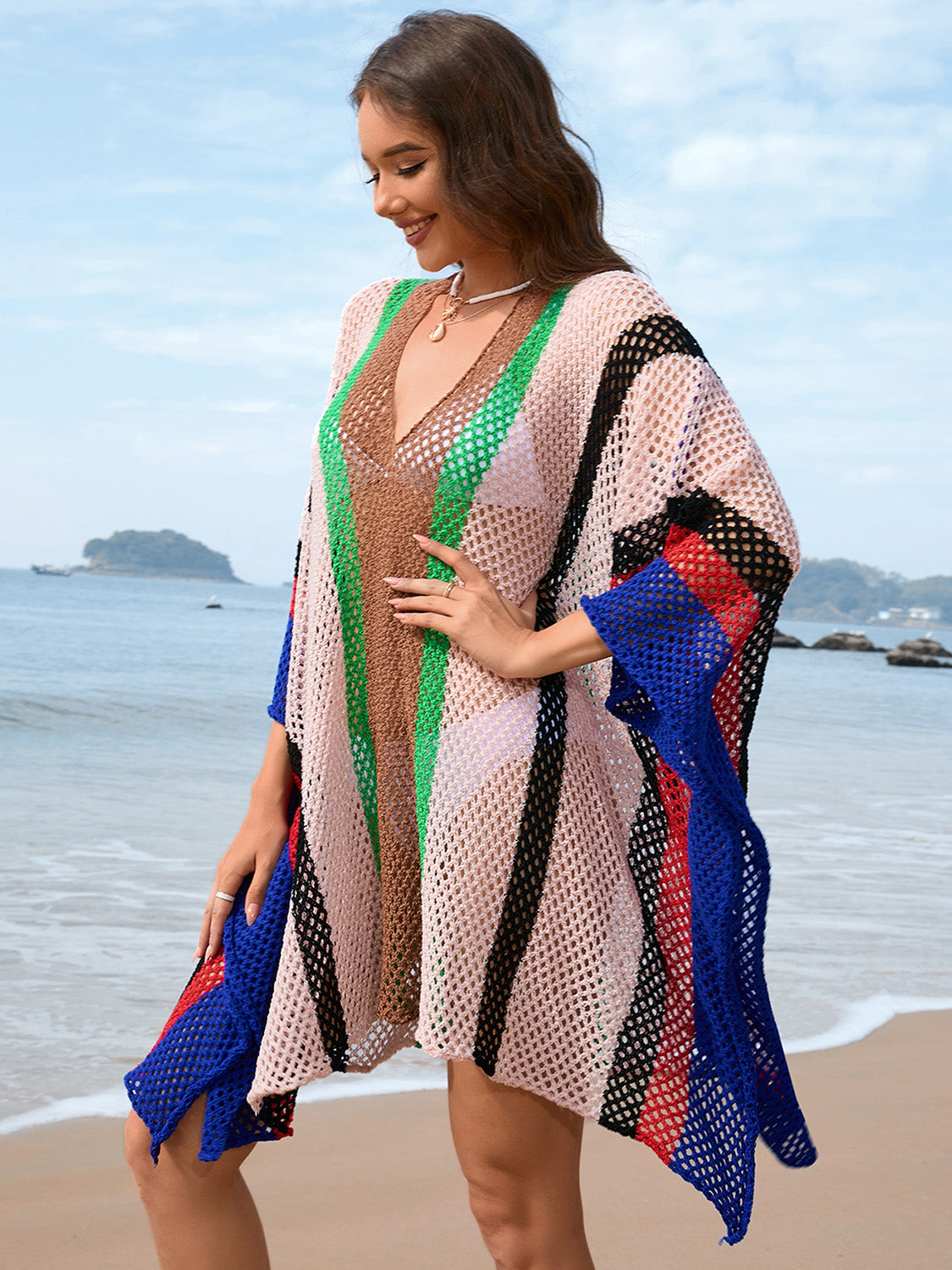 Openwork Color Block Plunge Cover-Up Beach Cover-ups JT's Designer Fashion