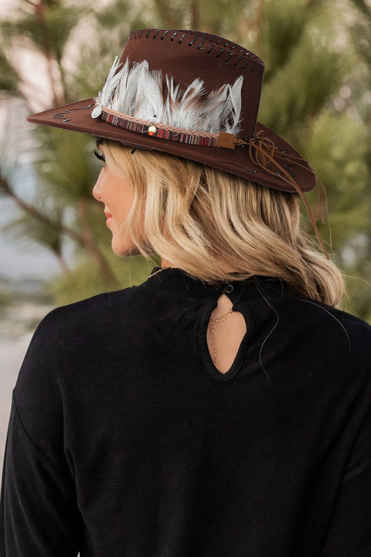 Coffee Western Feather Decor Cowboy Hat Hats & Caps JT's Designer Fashion