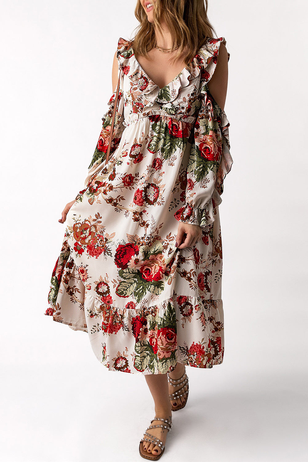 Apricot Hollow-out Shoulder Ruffle Floral Dress Floral Dresses JT's Designer Fashion