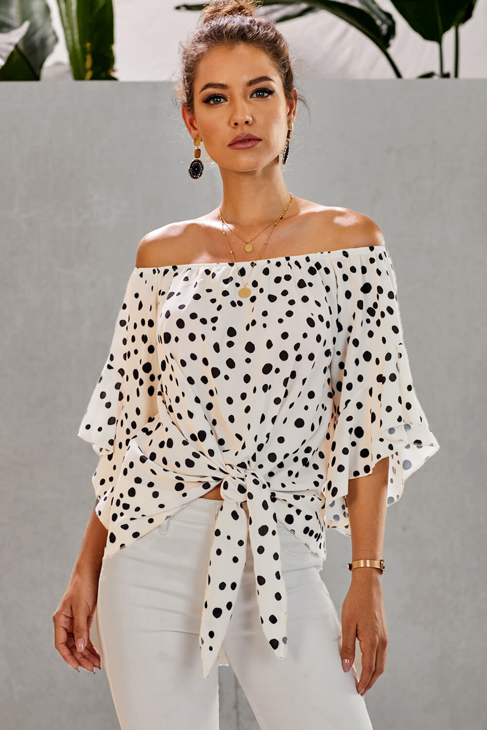 White Polka Dot 3/4 Bell Sleeve Off Shoulder Front Tie Knot Top Tops & Tees JT's Designer Fashion