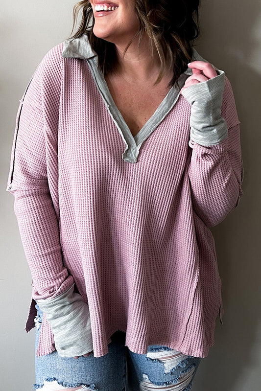 Pink Plus Size Seamed Waffle Knit Top Plus Size JT's Designer Fashion