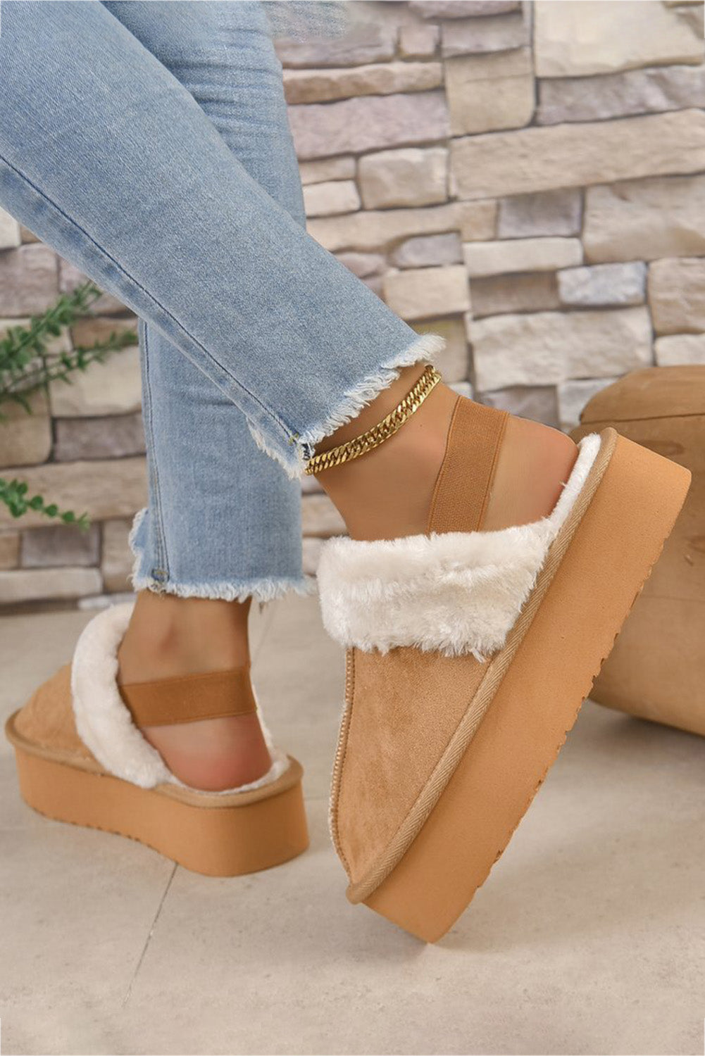 Light French Beige Suede Fluffy Slippers with Elastic Straps Slippers JT's Designer Fashion