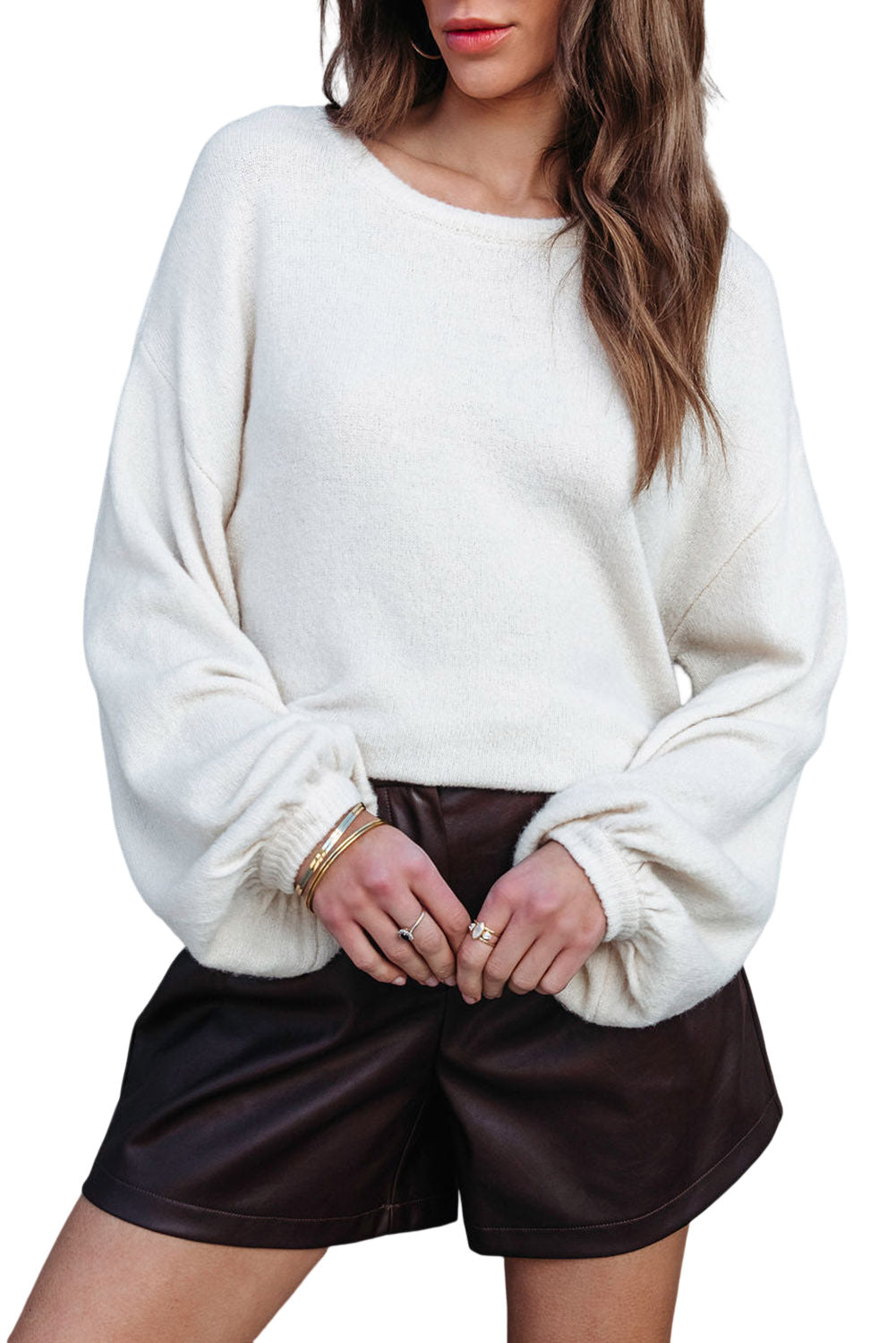 White Solid Round Neck Bishop Sleeve Sweater Pre Order Sweaters & Cardigans JT's Designer Fashion