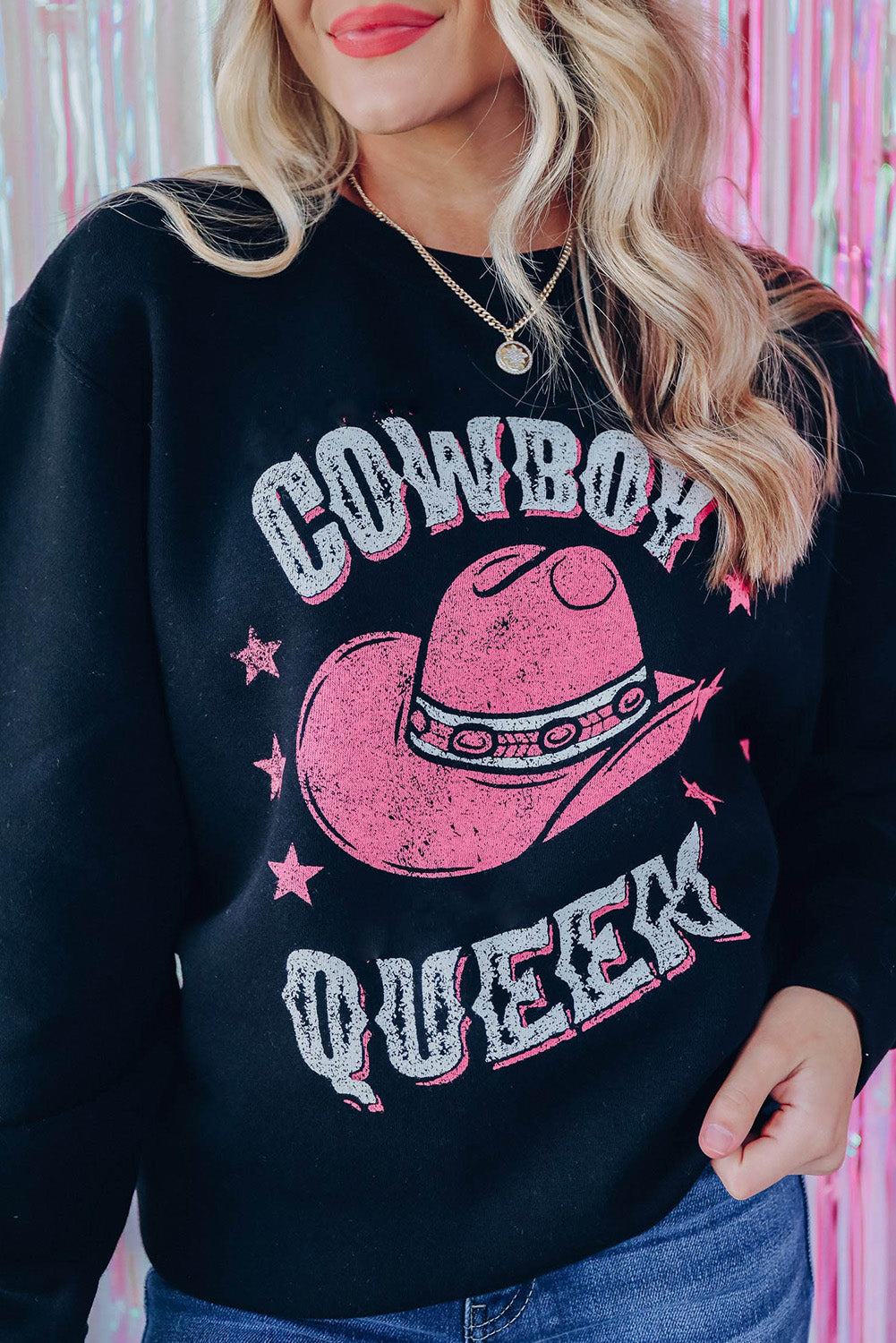 Black COWBOY QUEEN Hat Graphic Print Pullover Sweatshirt Black 70%Polyester+30%Cotton Graphic Sweatshirts JT's Designer Fashion
