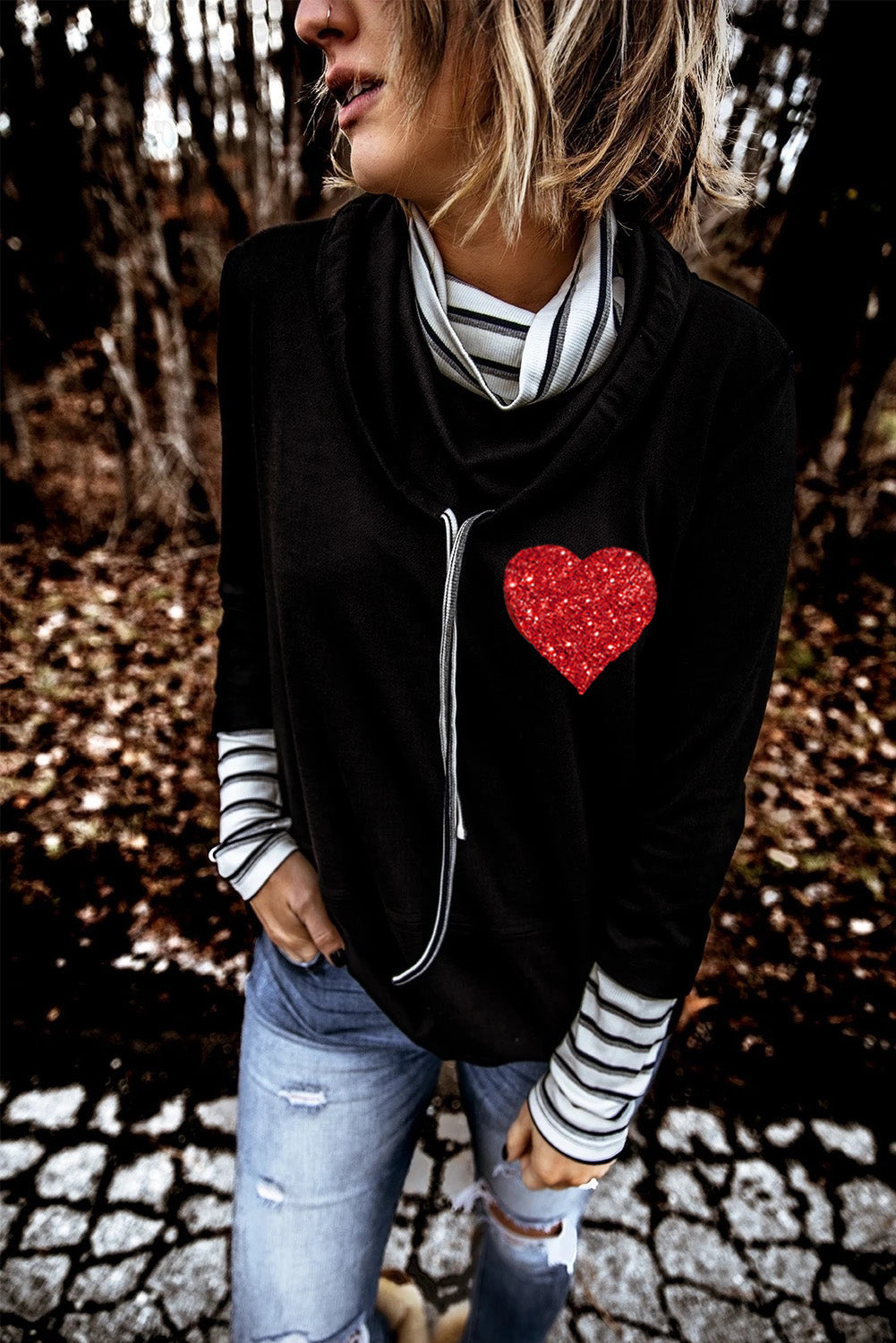 Black Valentines Glitter Heart Print Striped Cowl Neck Sweatshirt Graphic Sweatshirts JT's Designer Fashion