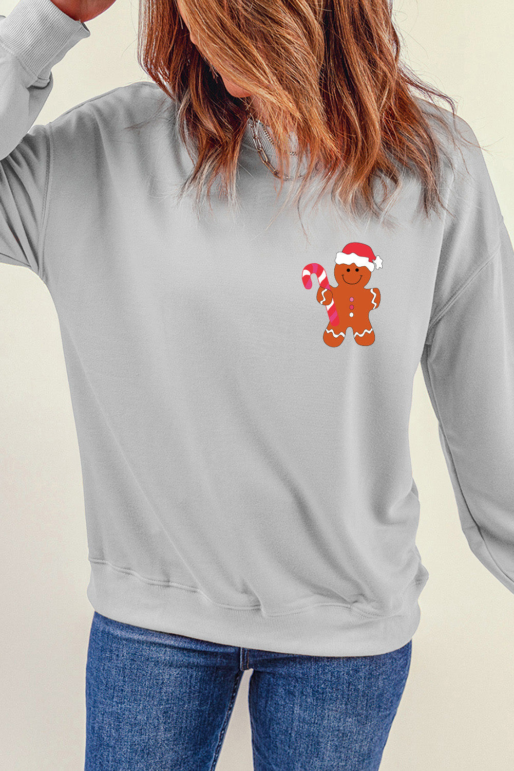 Gray Christmas Gingerbread Man Crew Neck Graphic Sweatshirt Graphic Sweatshirts JT's Designer Fashion