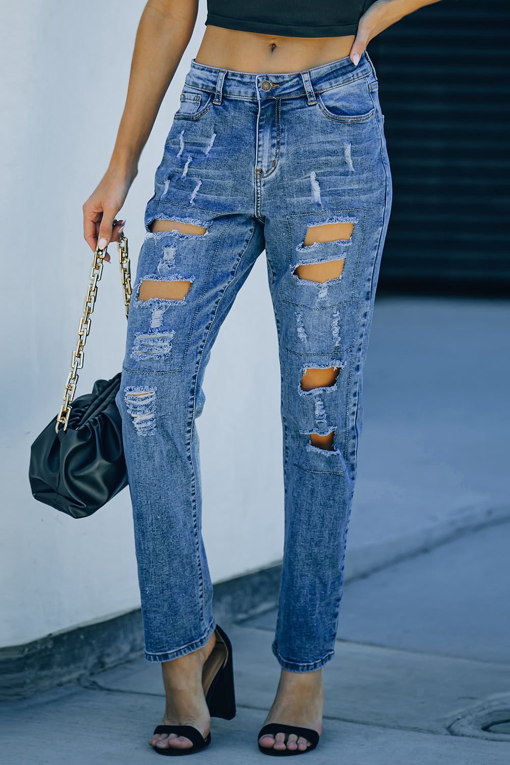 Buttoned Pockets Distressed Jeans Jeans JT's Designer Fashion