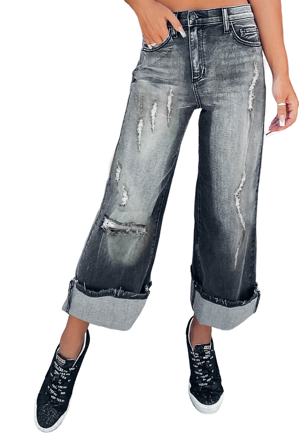 Gray Vintage Distressed Wide Leg Jeans Jeans JT's Designer Fashion