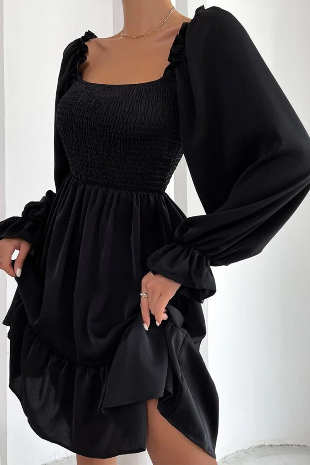 Black Smocked Puff Sleeve Ruffle Mini Dress Dresses JT's Designer Fashion