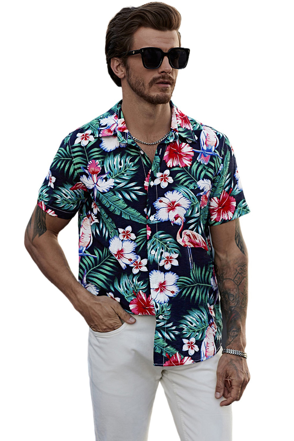 Black Men's Floral Leaves Print Buttoned Short Sleeve Shirt Men's Tops JT's Designer Fashion