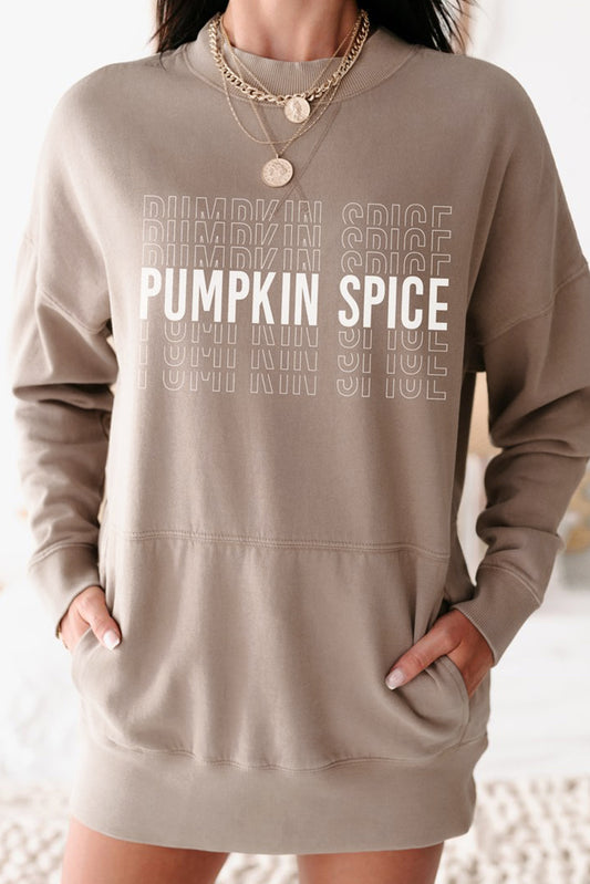 Khaki Pumpkin Spice Print Ribbed Trim Sweatshirt Dress Khaki 50%Polyester+50%Cotton Sweatshirts & Hoodies JT's Designer Fashion