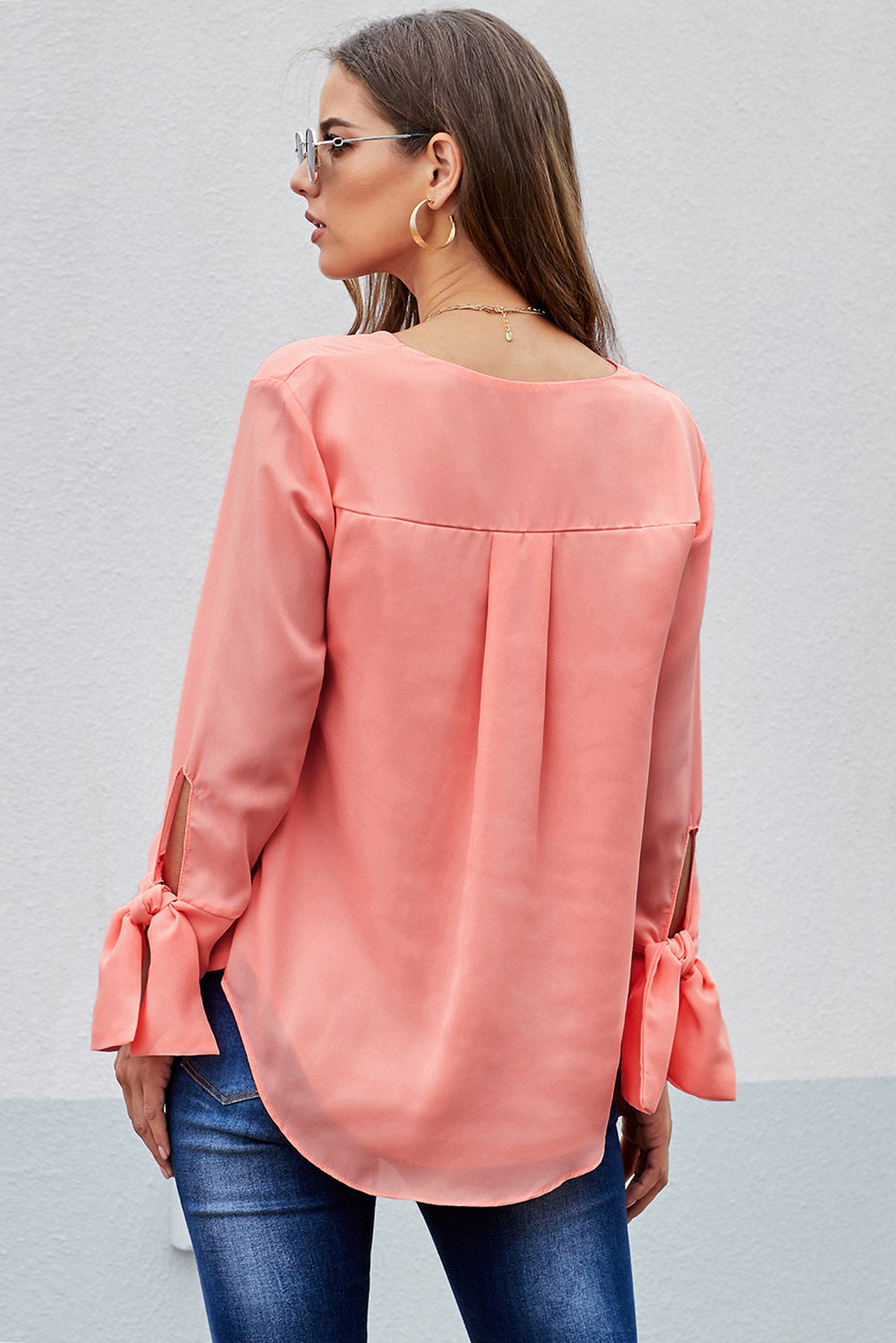 Pink V Neck Ruched Tie Sleeve Top Blouses & Shirts JT's Designer Fashion