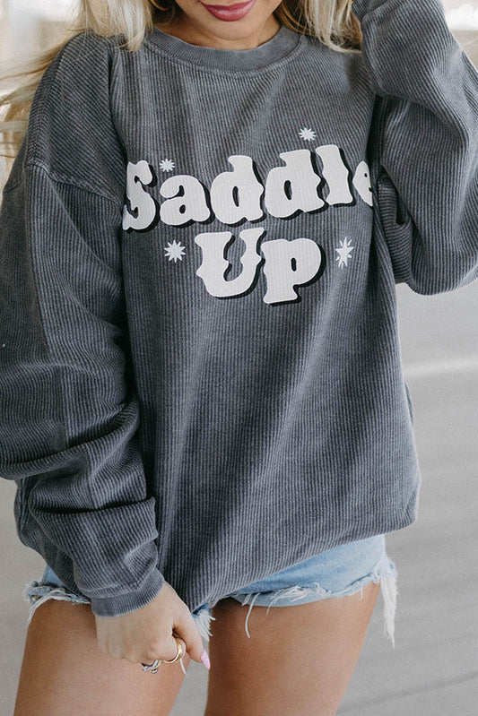 Gray Saddle Up Corded Graphic Sweatshirt Pre Order Sweatshirts & Hoodies JT's Designer Fashion