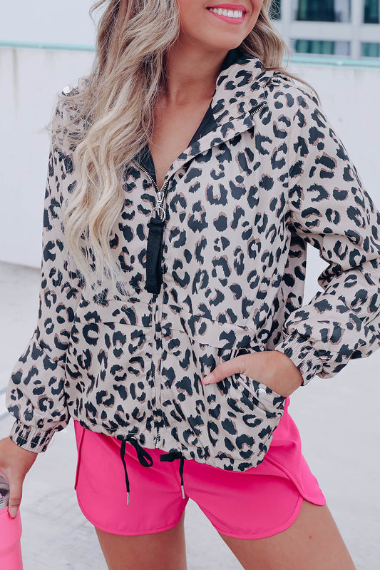 Leopard Zip up Collared Hooded Windbreaker Outerwear JT's Designer Fashion