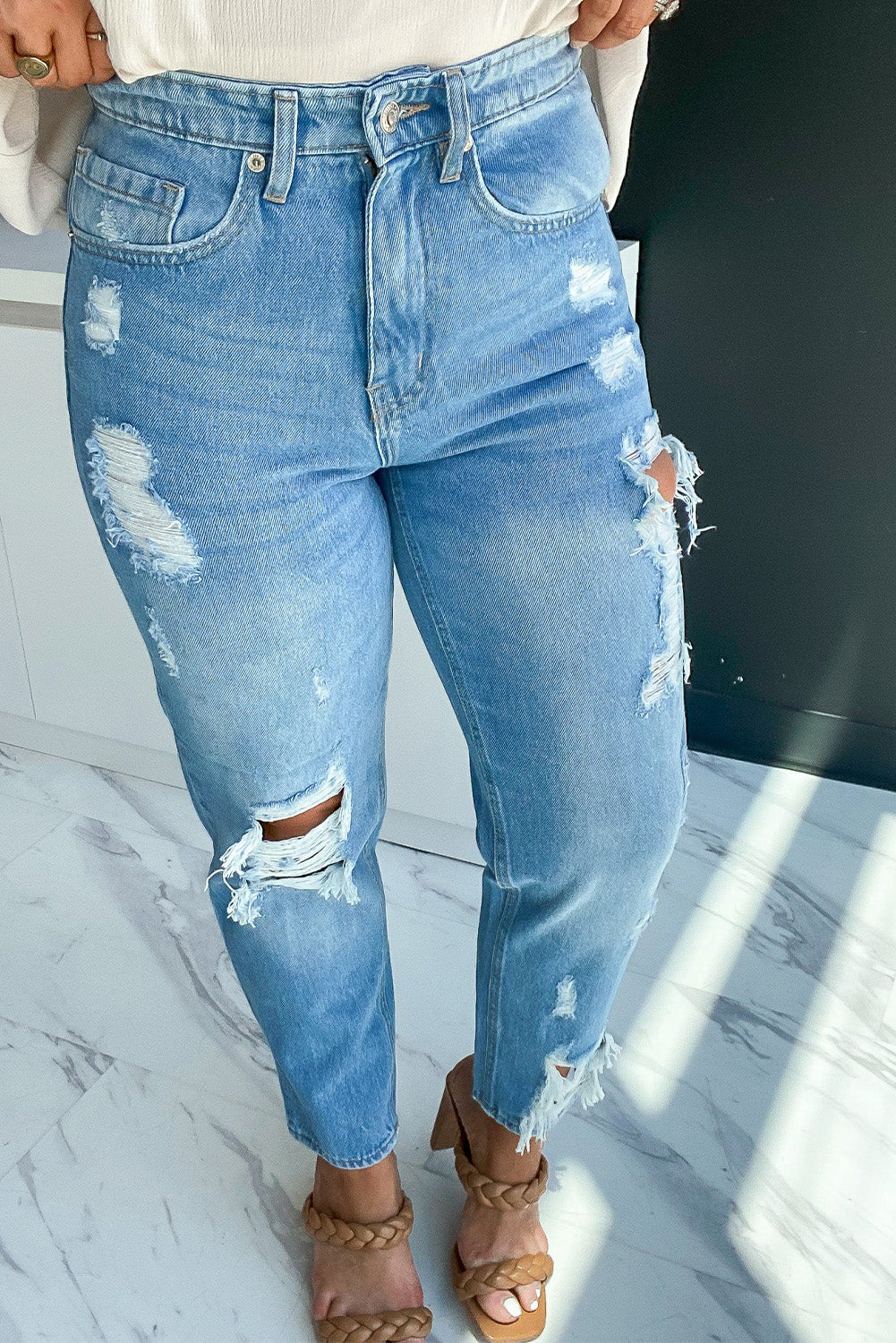 Blue Medium Wash Distressed Straight Jeans Jeans JT's Designer Fashion