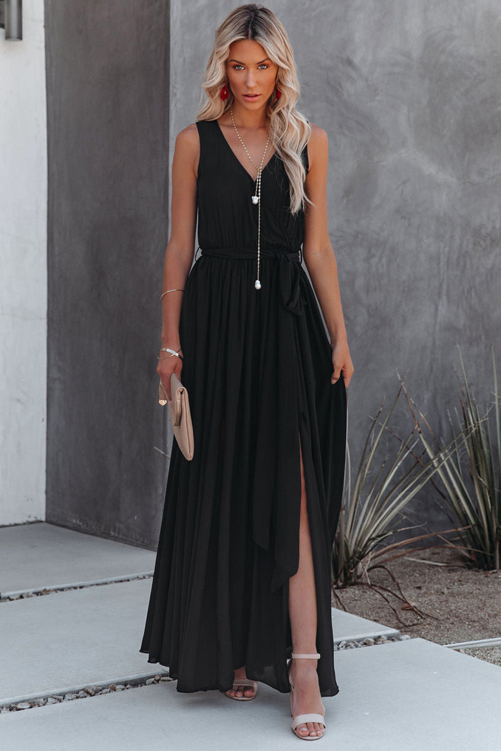 Black V Neck Sleeveless Maxi Dress with Slit Maxi Dresses JT's Designer Fashion