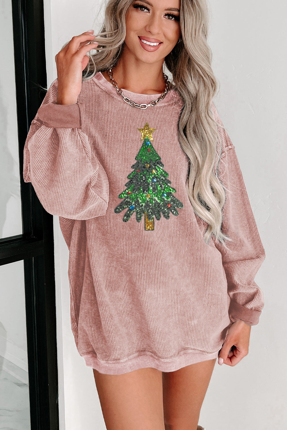 Pink Sequin Christmas Tree Corded Oversized Sweatshirt Graphic Sweatshirts JT's Designer Fashion