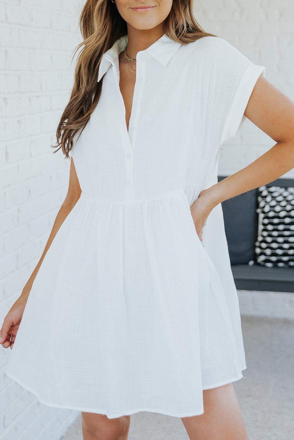 White Pocketed Buttons Babydoll Shirt Dress Mini Dresses JT's Designer Fashion