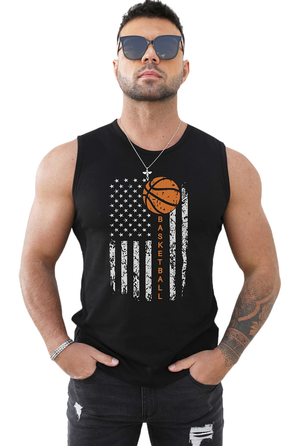 Black American Flag Basketball Graphic Print Men's Tank Top Men's Tops JT's Designer Fashion