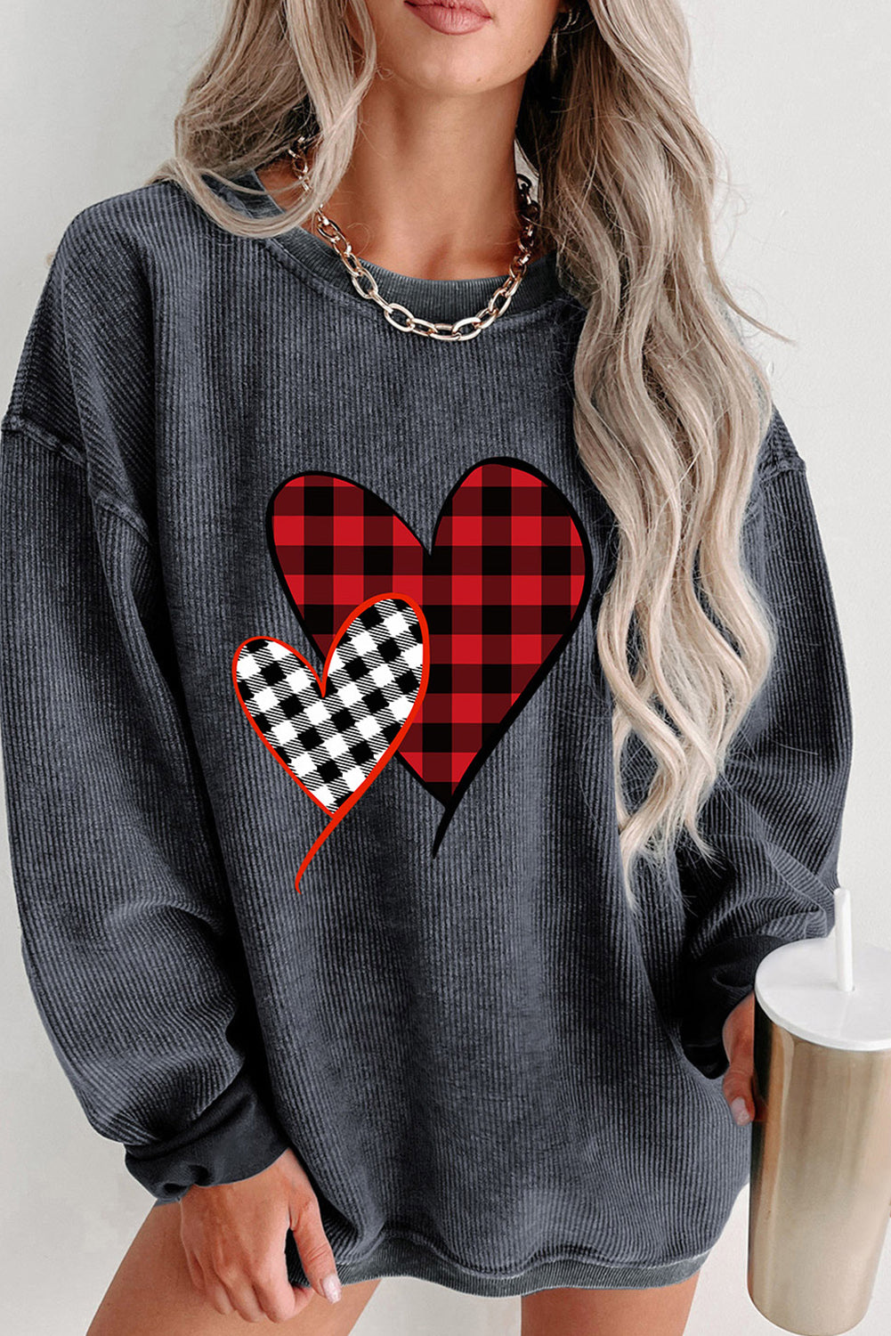 Gray Plaid Heart Print Corded Sweatshirt Gray 100%Polyester Graphic Sweatshirts JT's Designer Fashion