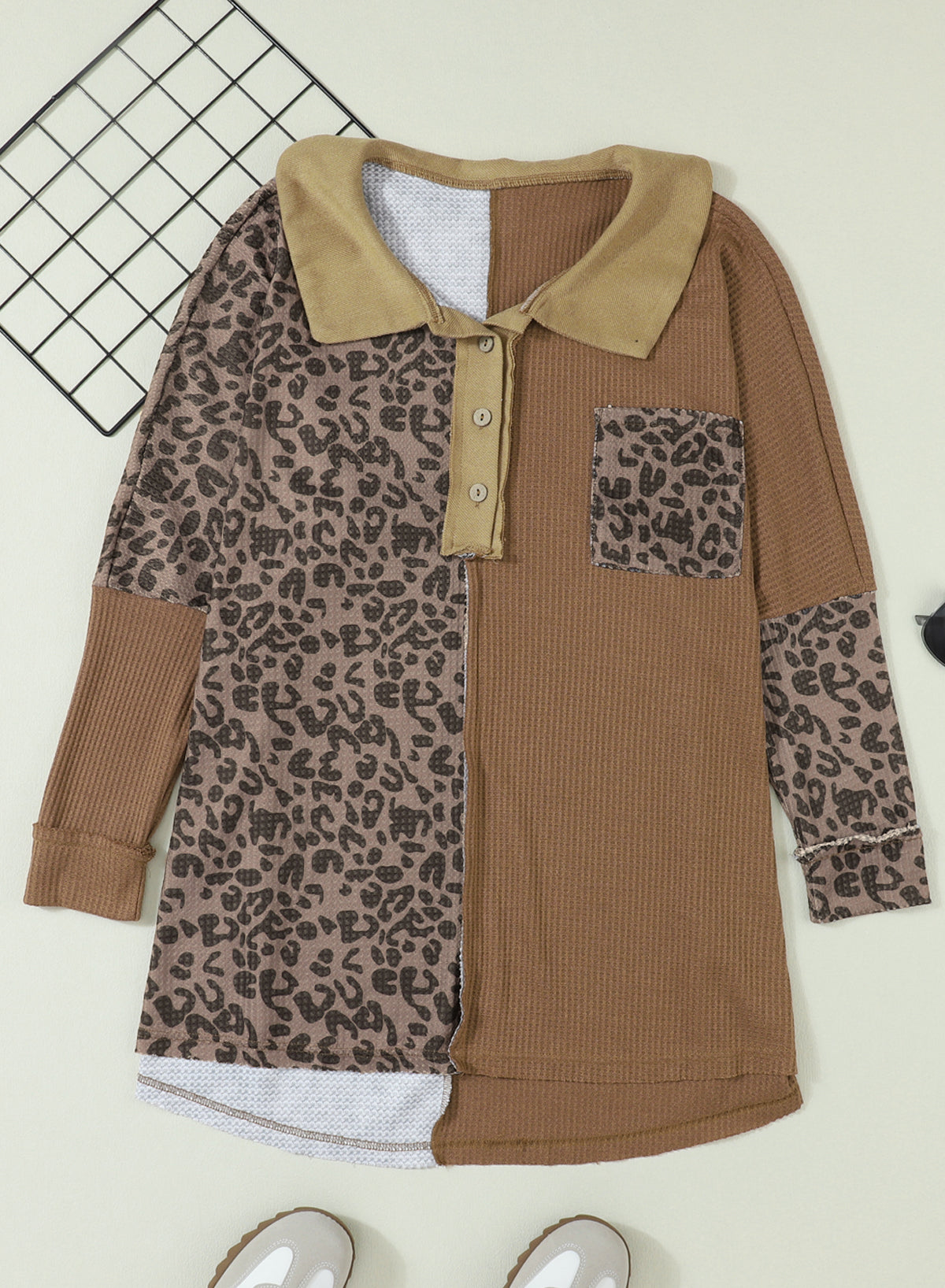 Khaki Leopard Patchwork Waffle Knit Buttoned Blouse Blouses & Shirts JT's Designer Fashion