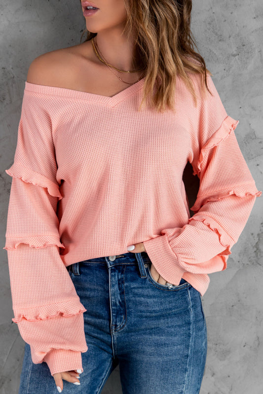 Pink Waffle Ruffled V Neck Loose Knit Top Pink 95%Polyester 5%Elastane Long Sleeve Tops JT's Designer Fashion