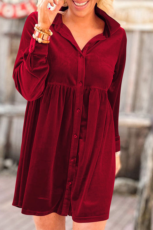 Red Long Sleeve Ruffle Velvet Button Up Dress Dresses JT's Designer Fashion