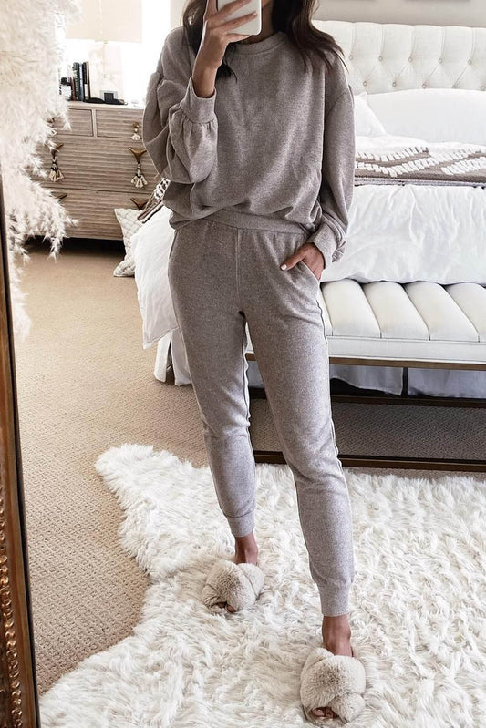 Gray Long Puff Sleeeve Pocketed Casual Two Piece Set Loungewear JT's Designer Fashion