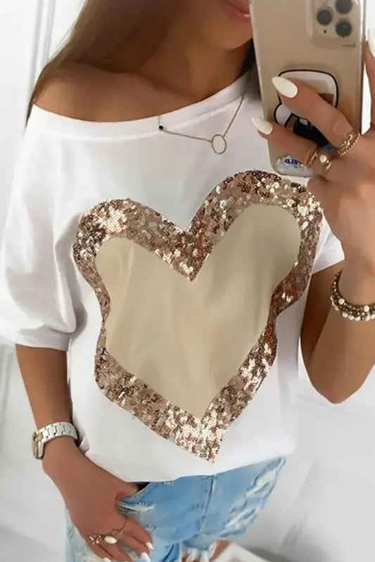White Valentine Sequin Heart Shape Graphic T-shirt Pre Order Tops JT's Designer Fashion