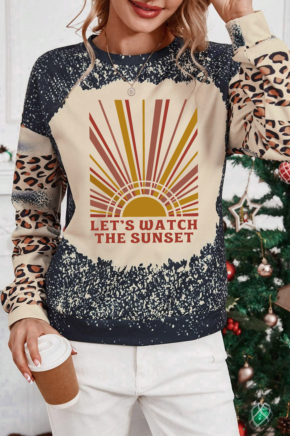 Black LET Graphic Sweatshirts JT's Designer FashionS WATCH THE SUNSET Tie Dye Leopard Sweatshirt Graphic Sweatshirts JT's Designer Fashion
