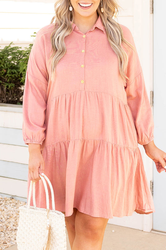 Pink Plus Size Shirt Buttoned Style Puff Sleeve Dress Pink 100%Cotton Plus Size Dresses JT's Designer Fashion