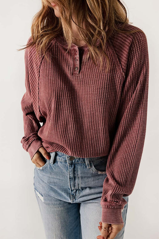 Red Waffle Knit Raglan Sleeve Henley Sweatshirt Pre Order Sweatshirts & Hoodies JT's Designer Fashion