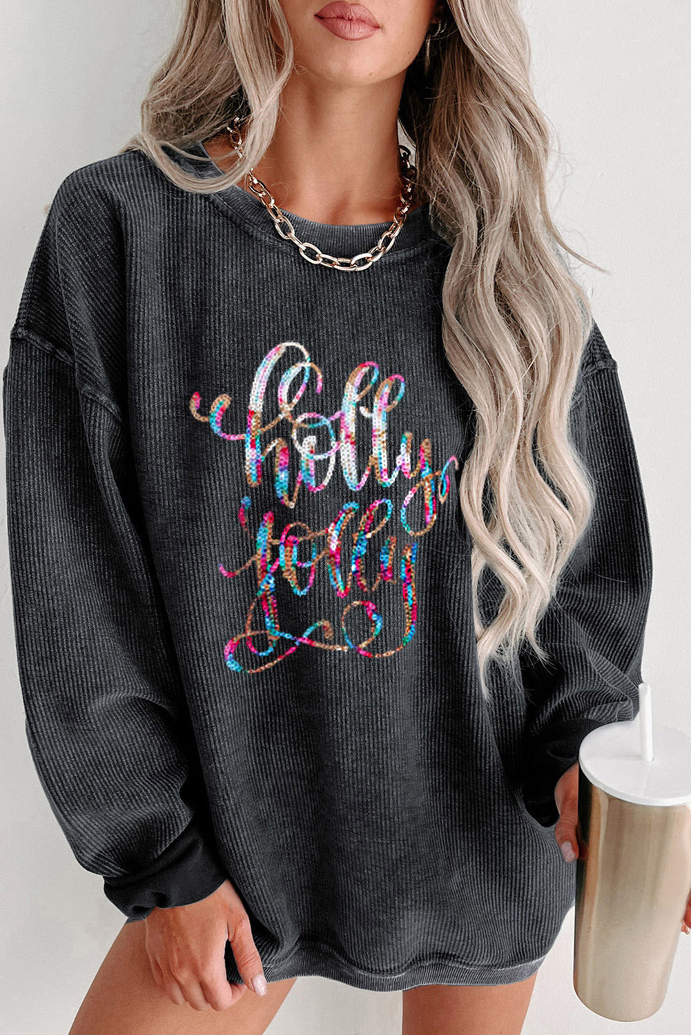 Black Holly Jolly Print Corded Oversized Sweatshirt Black 100%Polyester Graphic Sweatshirts JT's Designer Fashion
