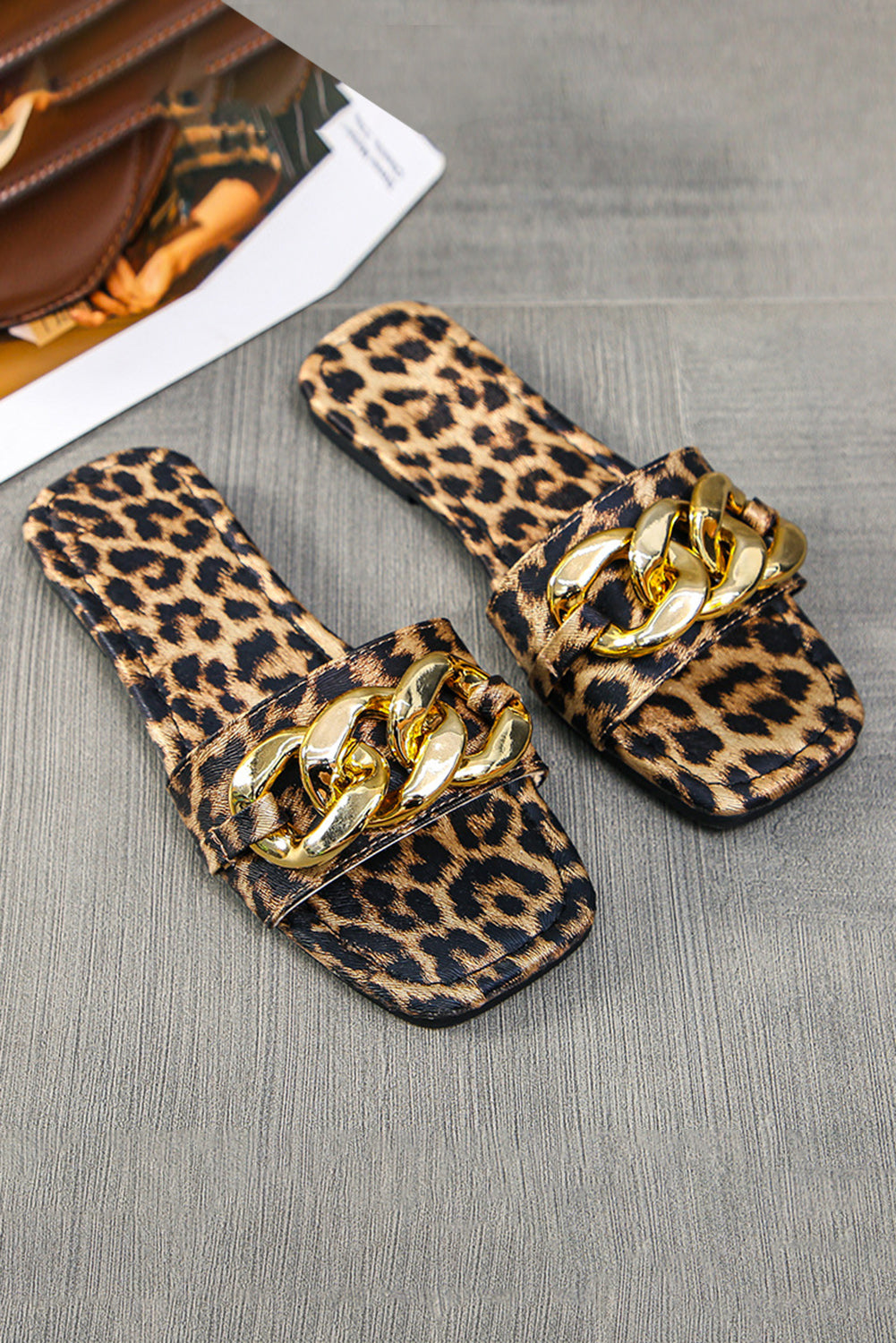 Brown Chain Decor Leopard Slide Sandals Slippers JT's Designer Fashion