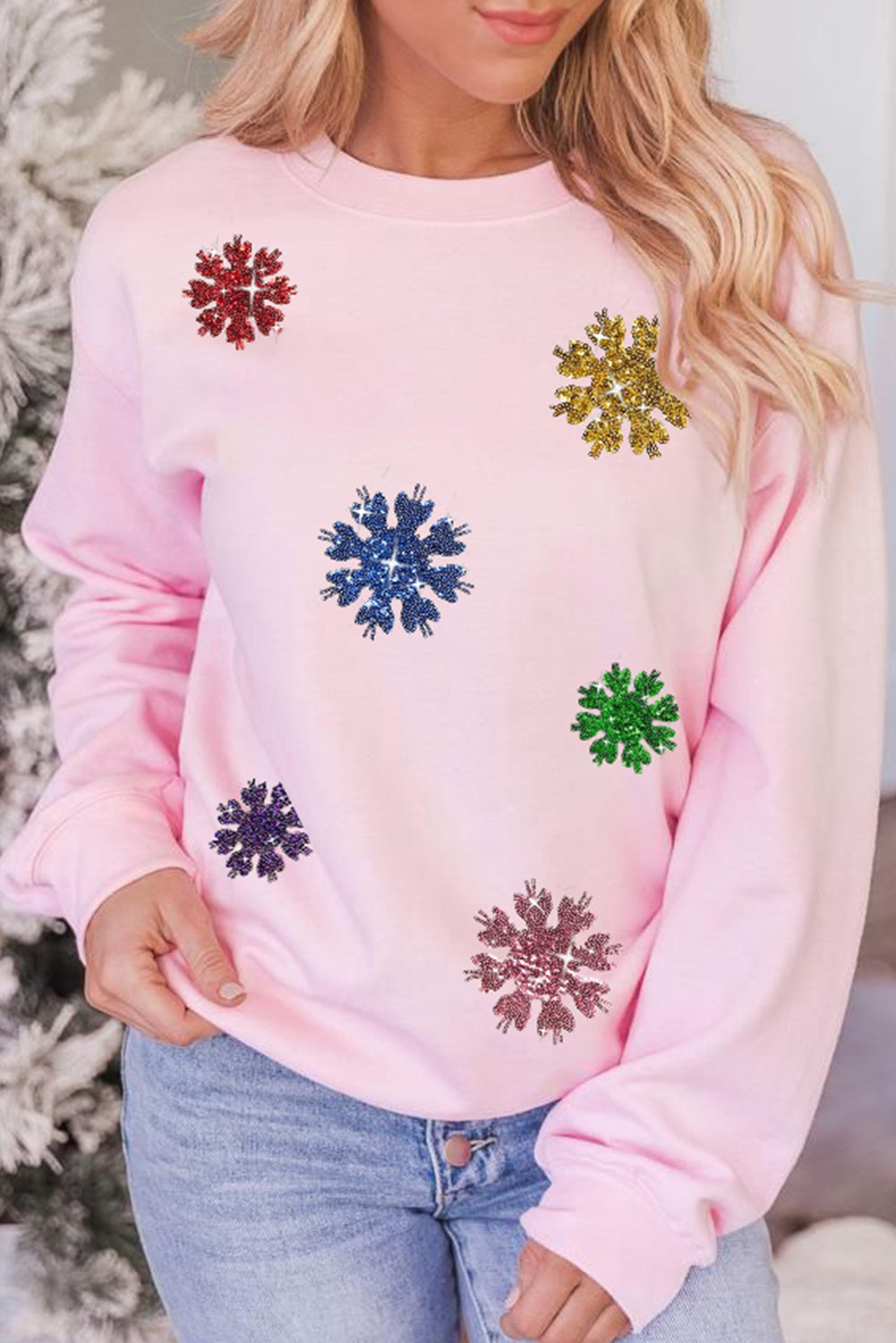 Pink Christmas Sequin Snowflake Pullover Sweatshirt Graphic Sweatshirts JT's Designer Fashion