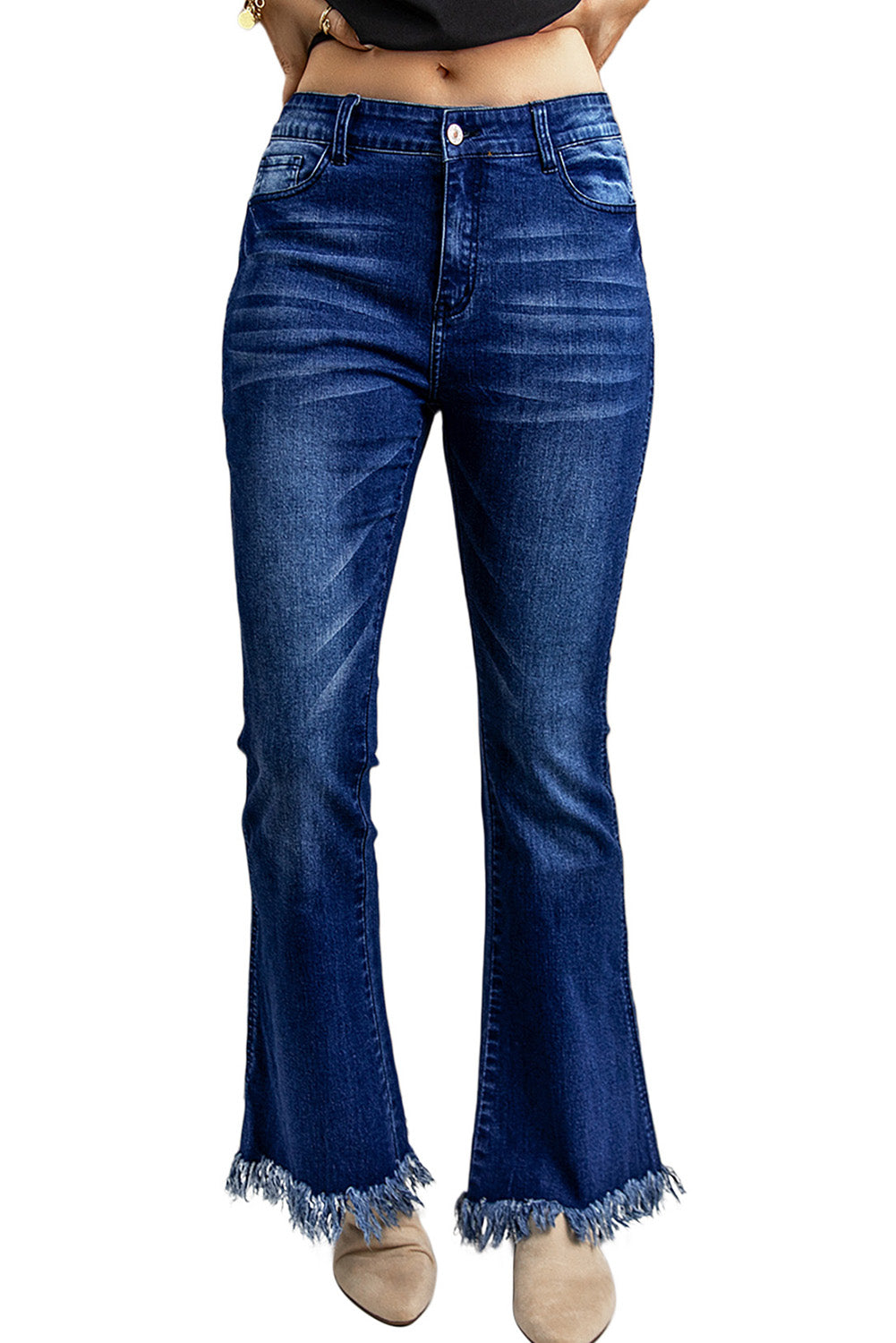 Blue Deep Wash High Waist Raw Edge Flare Jeans Jeans JT's Designer Fashion