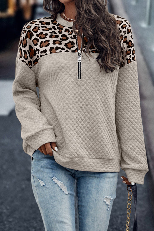 Apricot Leopard Splicing Drop Shoulder Zipped Sweatshirt Pre Order Sweatshirts & Hoodies JT's Designer Fashion