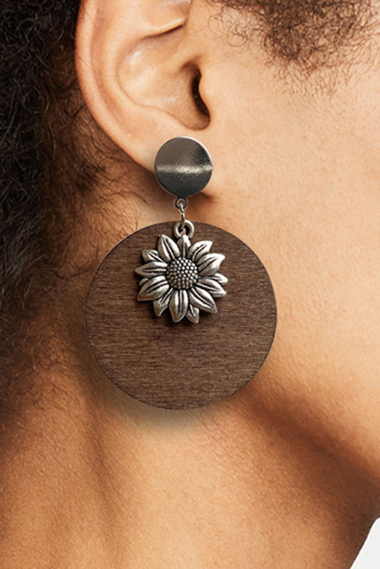 Silvery Retro Sunflower Round Wood Stud Earrings Jewelry JT's Designer Fashion