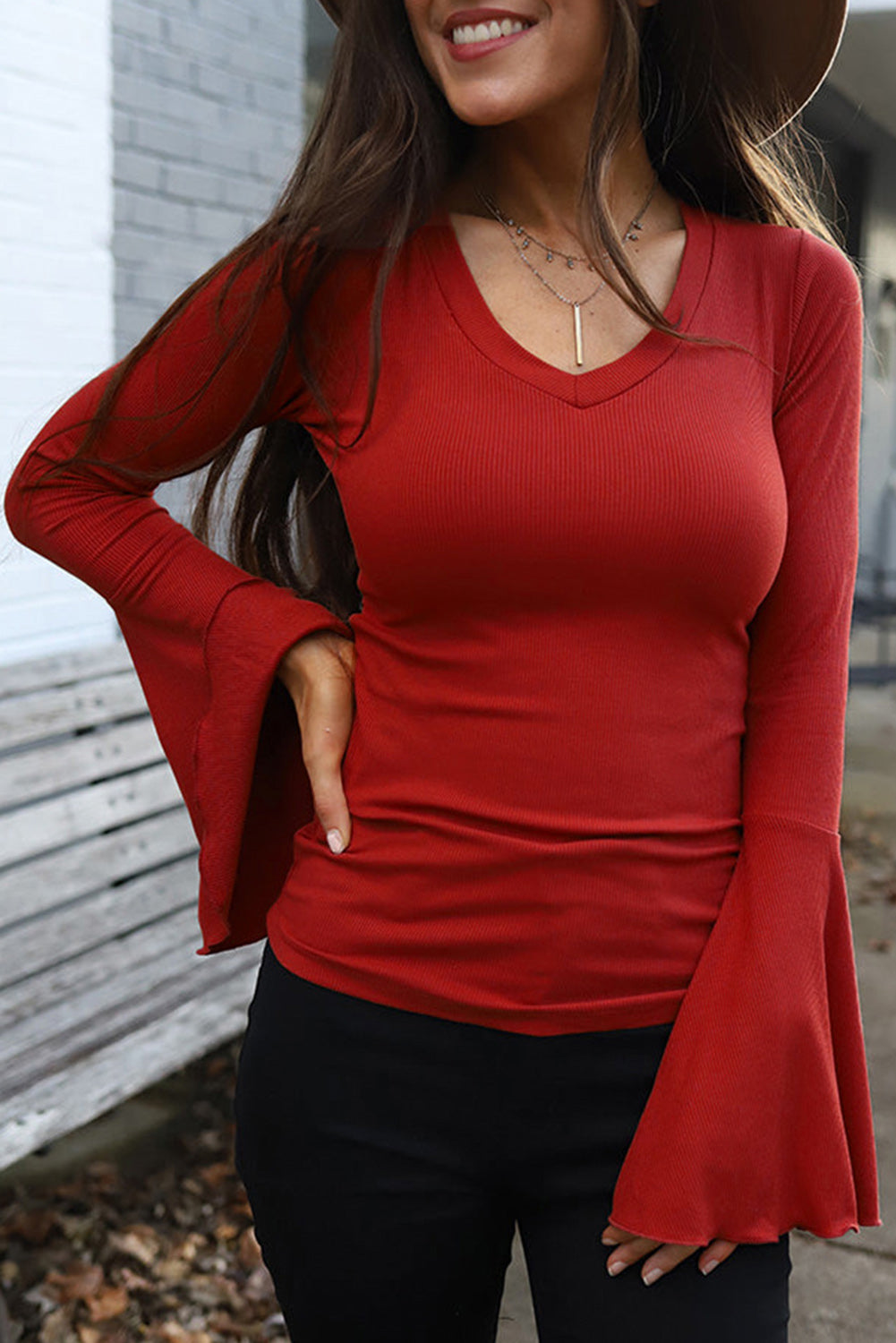 Red Boho V Neck Knit Bell Sleeve Top Red 93%Viscose+7%Elastane Long Sleeve Tops JT's Designer Fashion