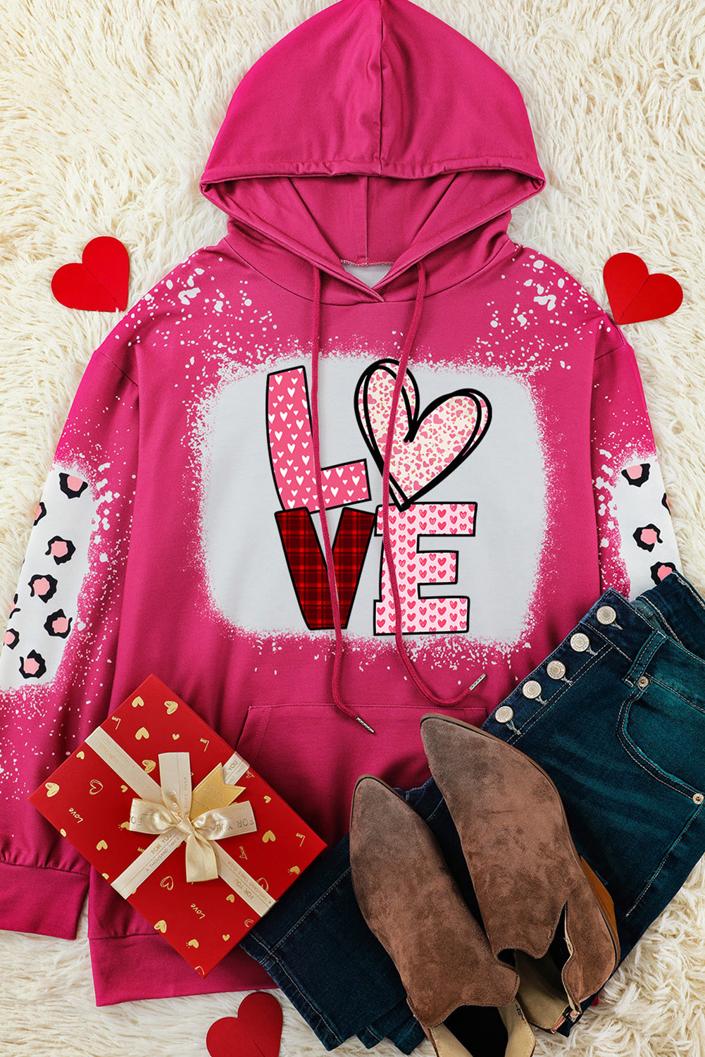 Rose LOVE Leopard Bleached Kangaroo Pocket Hoodie Graphic Sweatshirts JT's Designer Fashion