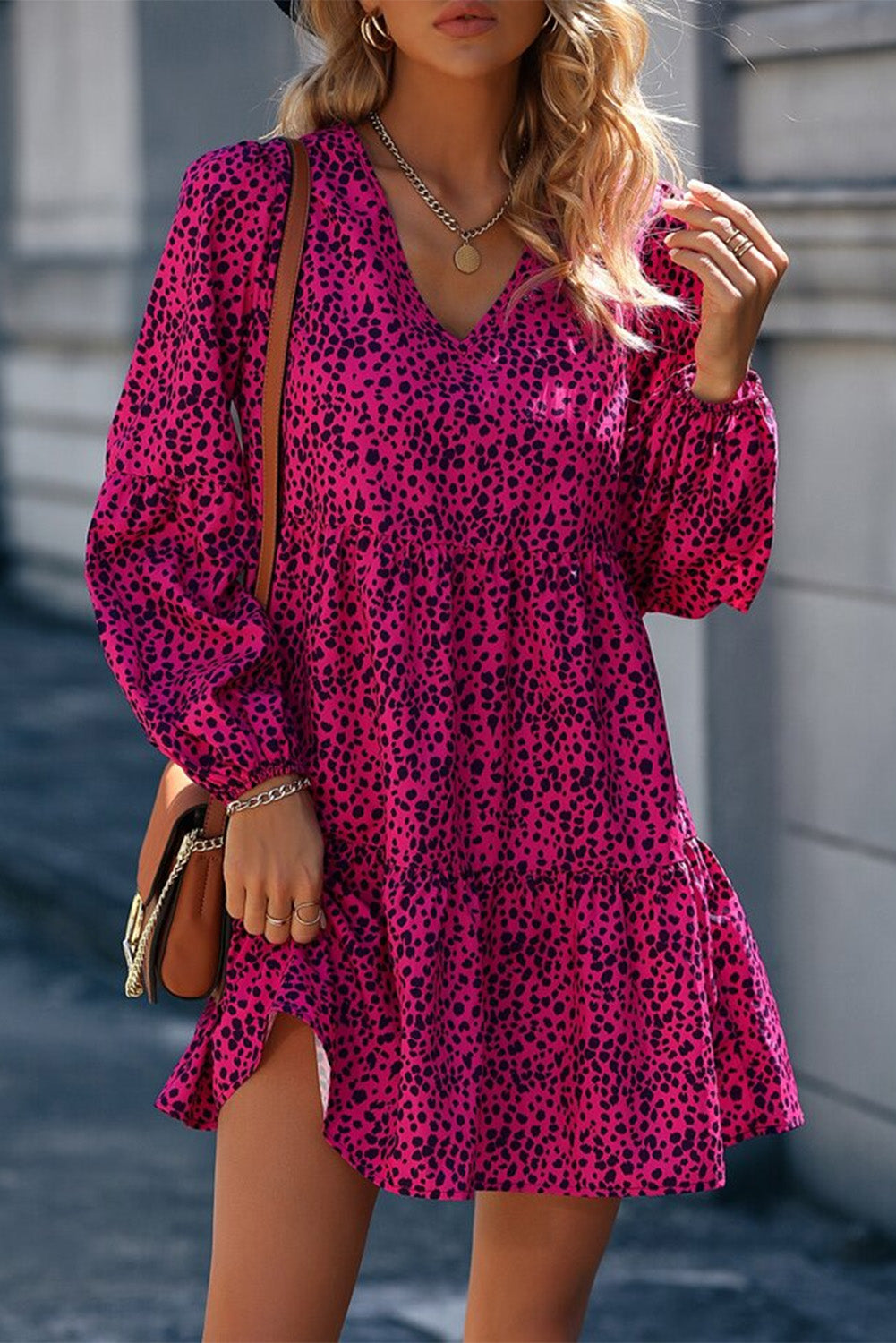 Rose Red Leopard Print Split Neck Flowy Tiered Short Dress Dresses JT's Designer Fashion