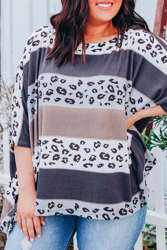 Gray Plus Size Leopard Striped Color Block Oversized Top Plus Size Tops JT's Designer Fashion