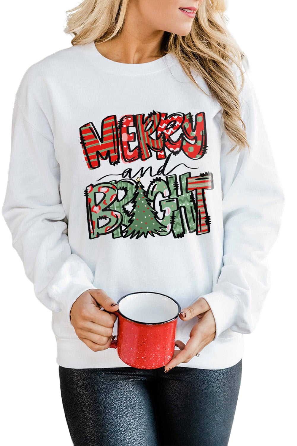 White Merry Bright Christmas Graphic Print Pullover Sweatshirt Graphic Sweatshirts JT's Designer Fashion