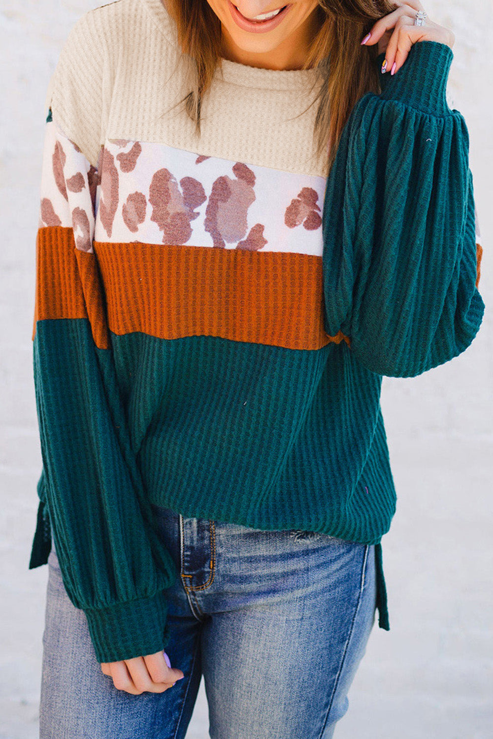 Green Leopard Color Block Waffle Knit Top Green 95%Polyester+5%Elastane Long Sleeve Tops JT's Designer Fashion