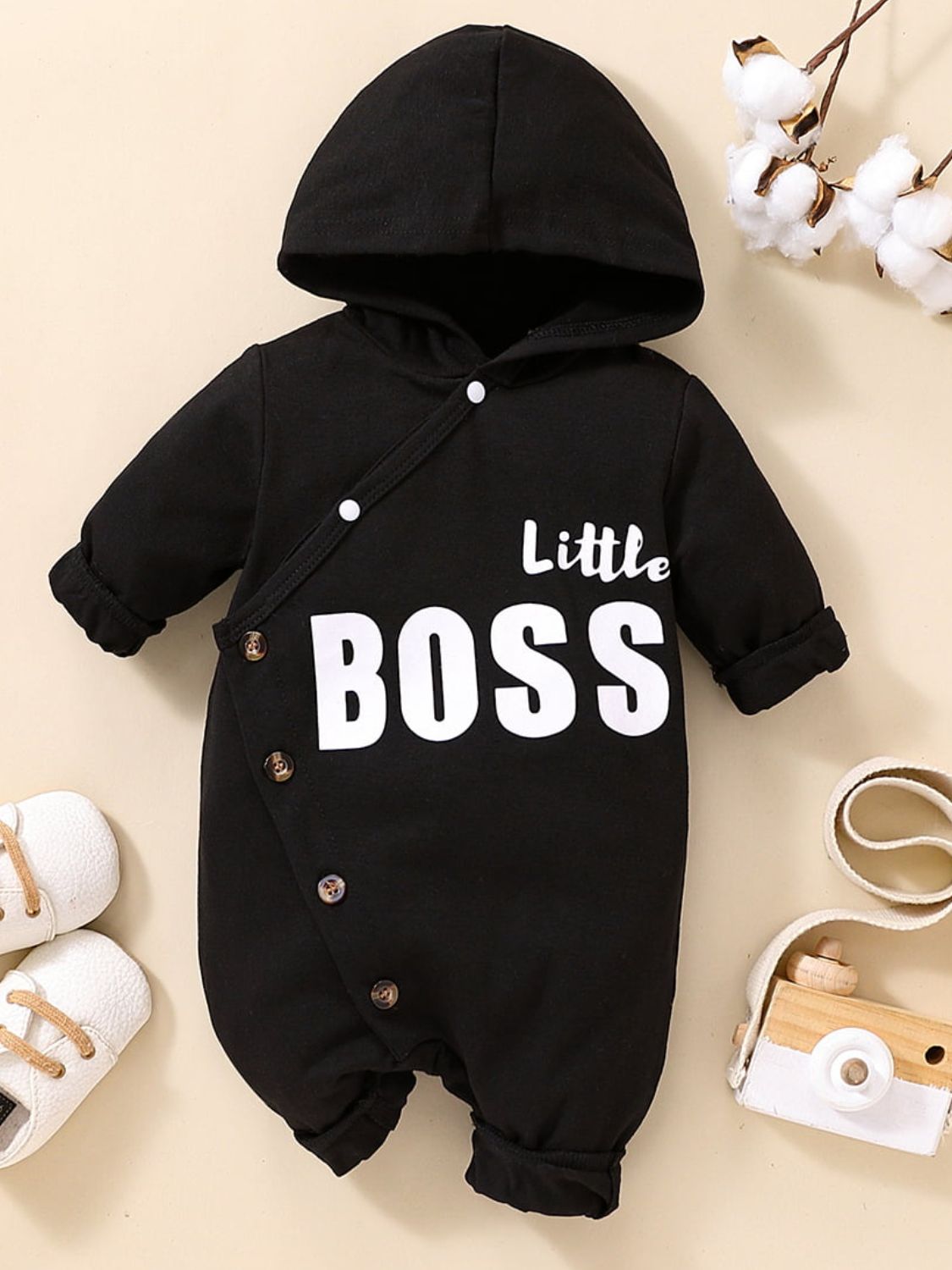 Baby LITTLE BOSS Graphic Hooded Jumpsuit Black Baby JT's Designer Fashion
